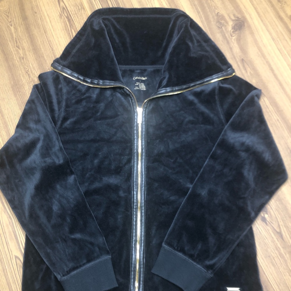 Calvin Klein full zip high neck jacket black velour cozy pockets Sz L